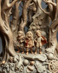 This captivating sculptural clay art depicts a group of friends possessing unique powers as they embark on an adventure throu