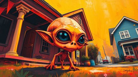 A vibrant and bold acrylic painting depicting a small alien with large eyes living in a suburban house. The artwork showcases
