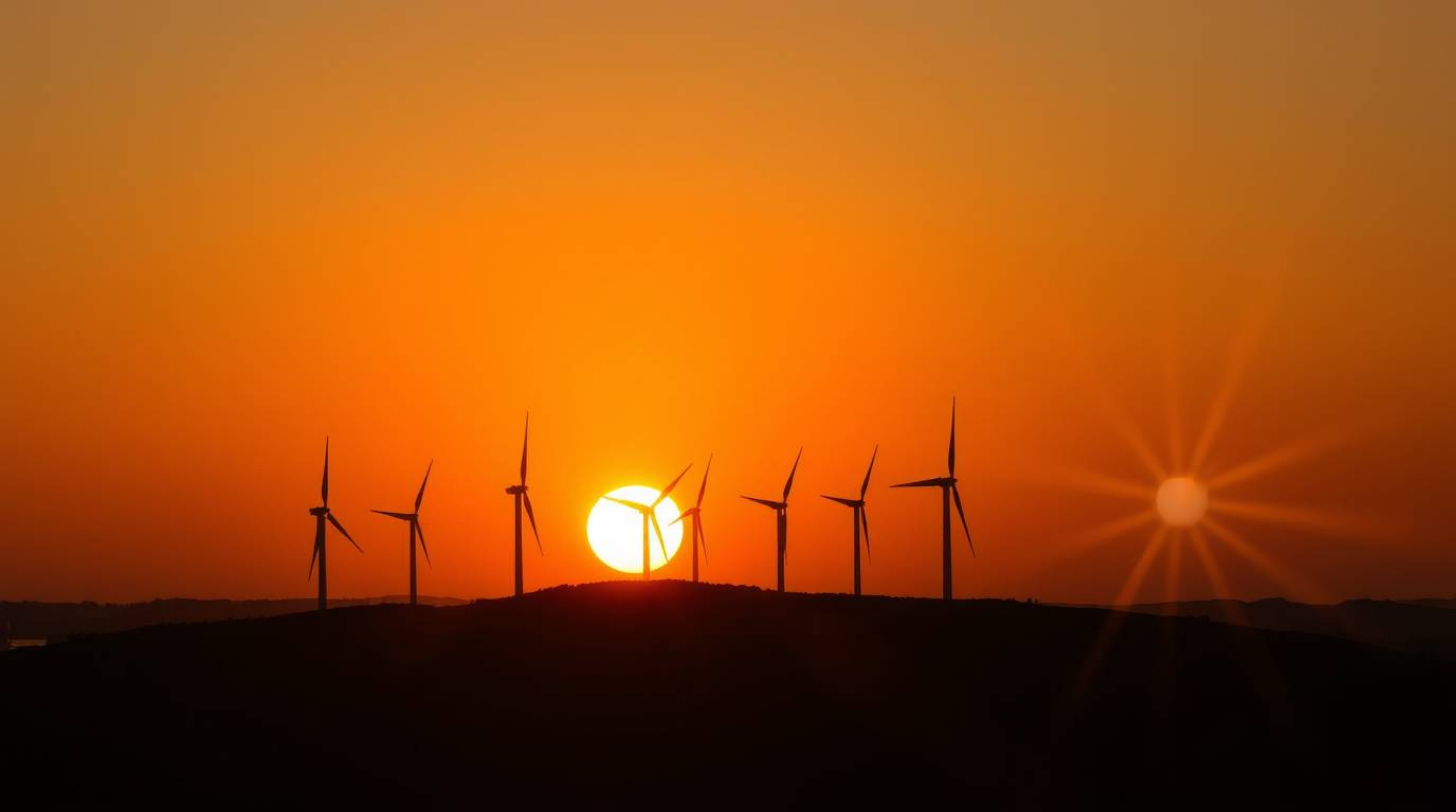 A captivating photograph showcasing a graceful and elegant sunset painting the sky behind a row of wind turbines silhouetted 