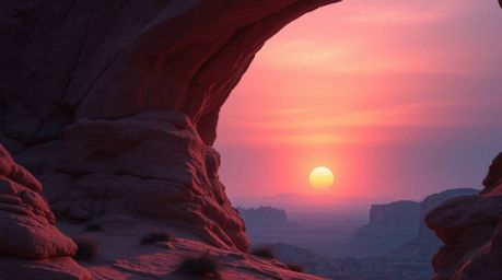 Experience a dreamy sunset framed by a natural rock arch in the desert. This scene boasts a smooth color gradient, seamless b