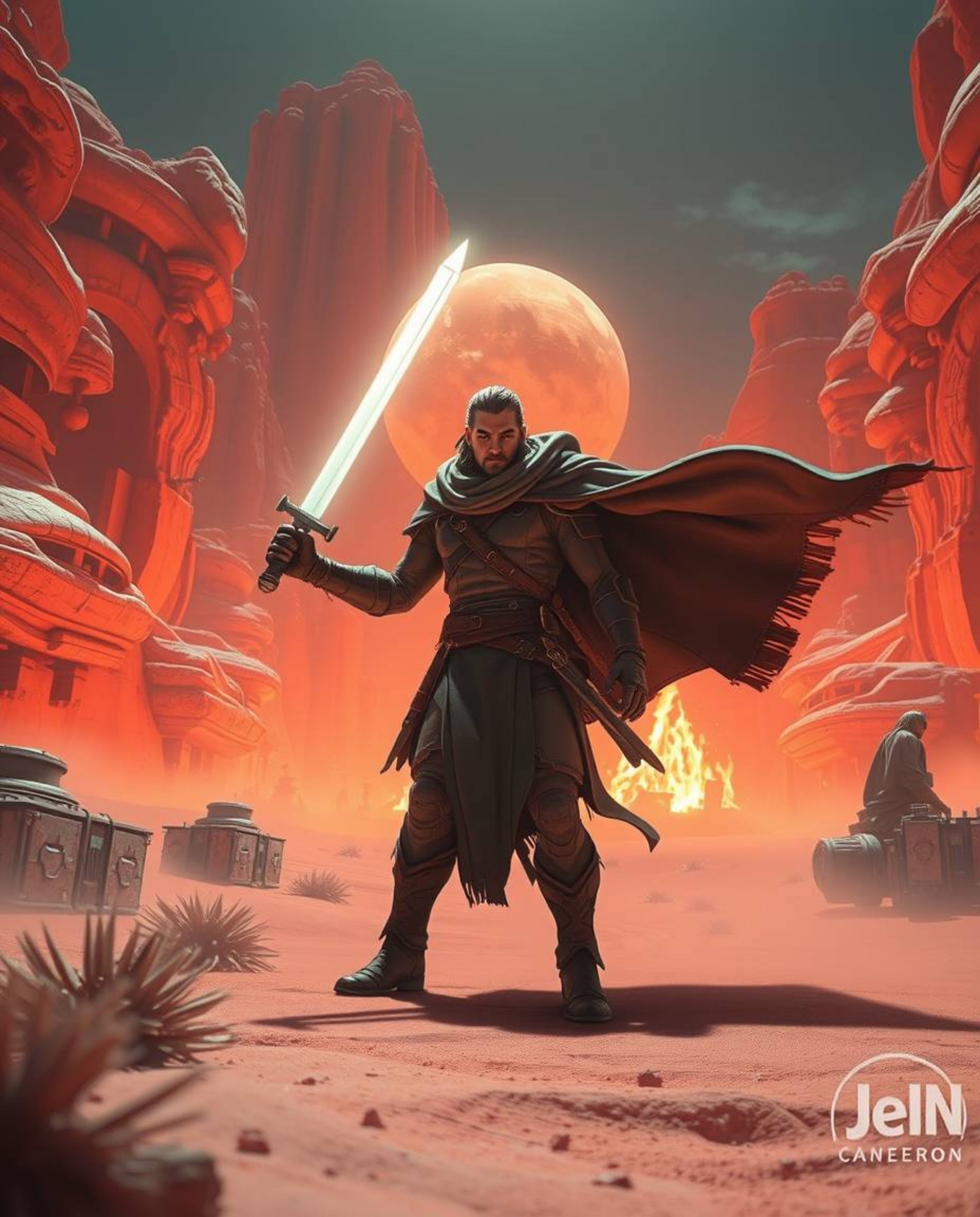 A breathtaking, epic scene unfolds: a brave hero embarks on a Disney-style desert adventure, bathed in the surreal glow of in