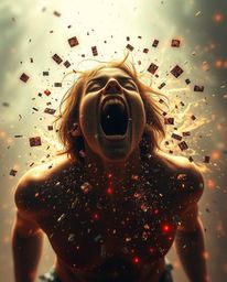 A visually striking artwork depicting a person's emotional distress as their reality fragments into digital pixels. Surrounde