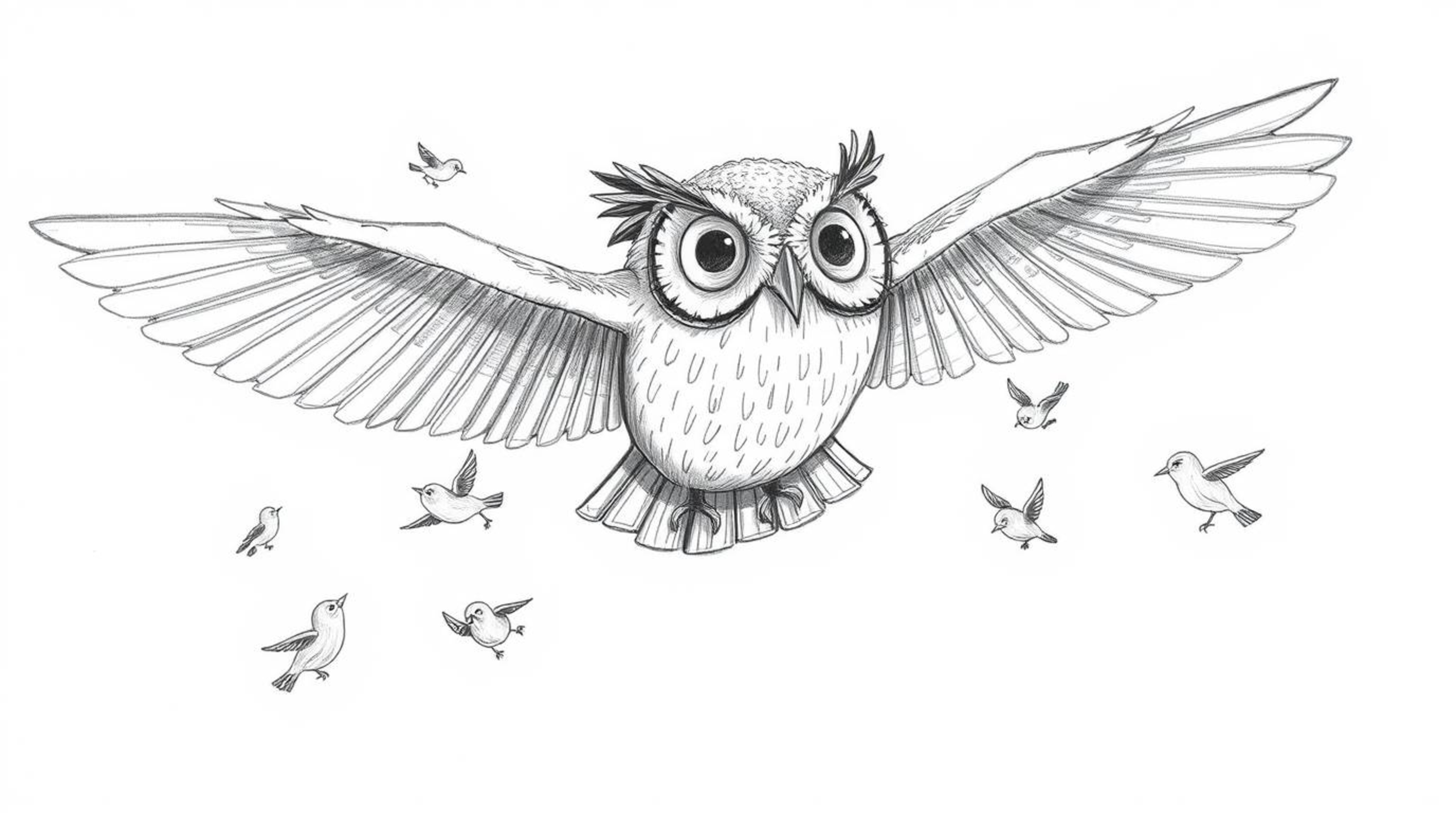 A heartwarming Pixar-inspired hand-drawn pencil sketch depicts a blind owl in graceful mid-flight, surrounded by a flock of s