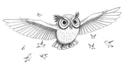 A heartwarming Pixar-inspired hand-drawn pencil sketch depicts a blind owl in graceful mid-flight, surrounded by a flock of s