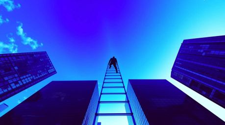 A striking high-angle image depicts a businessperson ascending a transparent ladder that disappears into a vibrant blue sky a