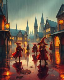 Immerse yourself in a warm and wet rainy scene, depicting a magical school bustling with young wizards.  This artwork showcas
