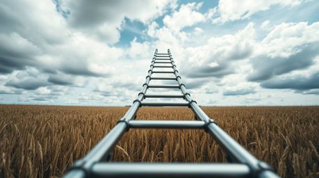 High-resolution stock photo featuring an extreme macro close-up of a minimalist scene: a silver ladder in an open field under