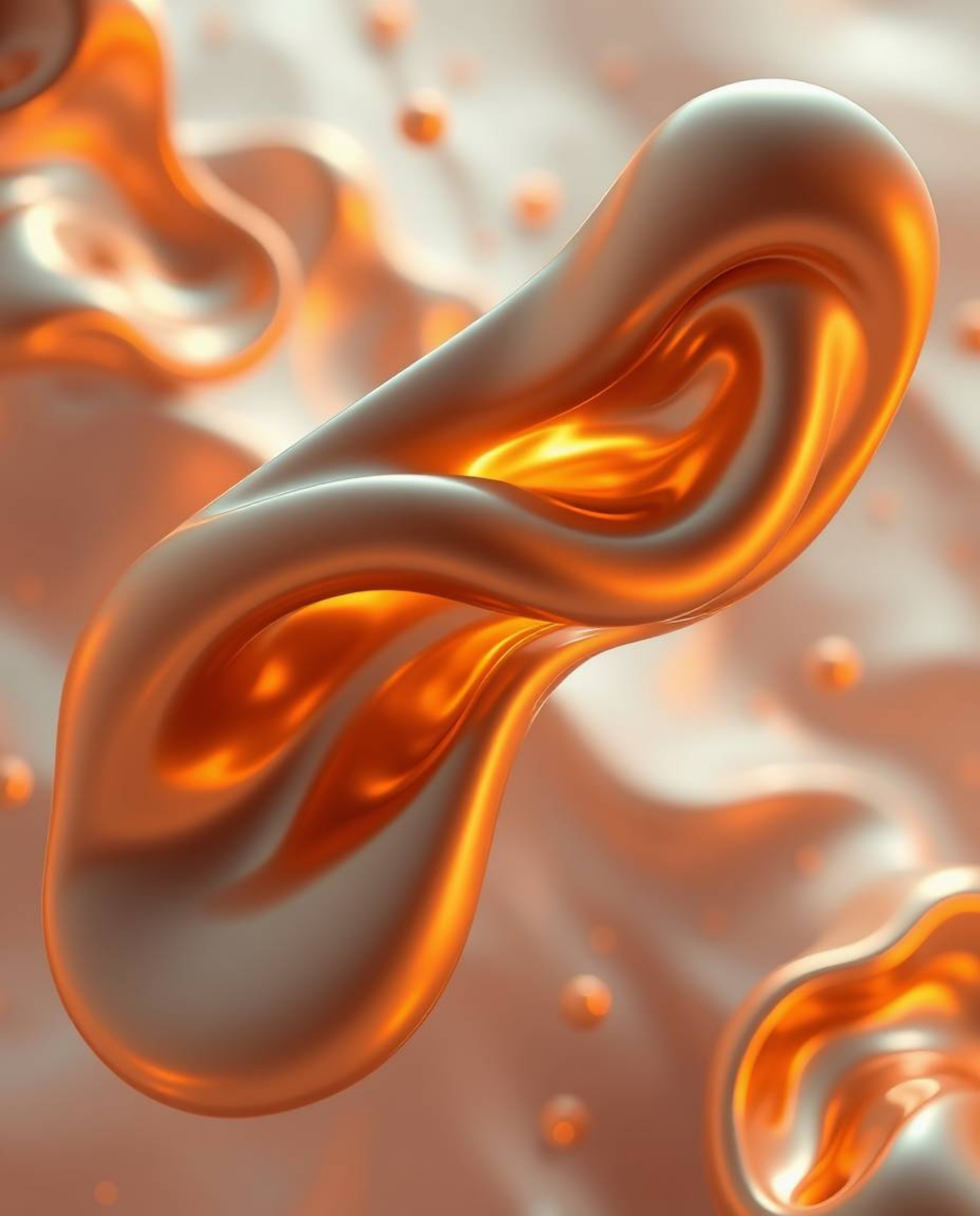 Experience the mesmerizing beauty of smooth 3D fluid shapes bathed in warm golden light. These metallic textures float effort