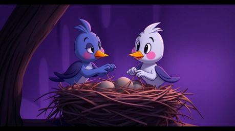 A professional photograph showcasing two cartoon birds diligently building a nest in a classic animation style. The image fea