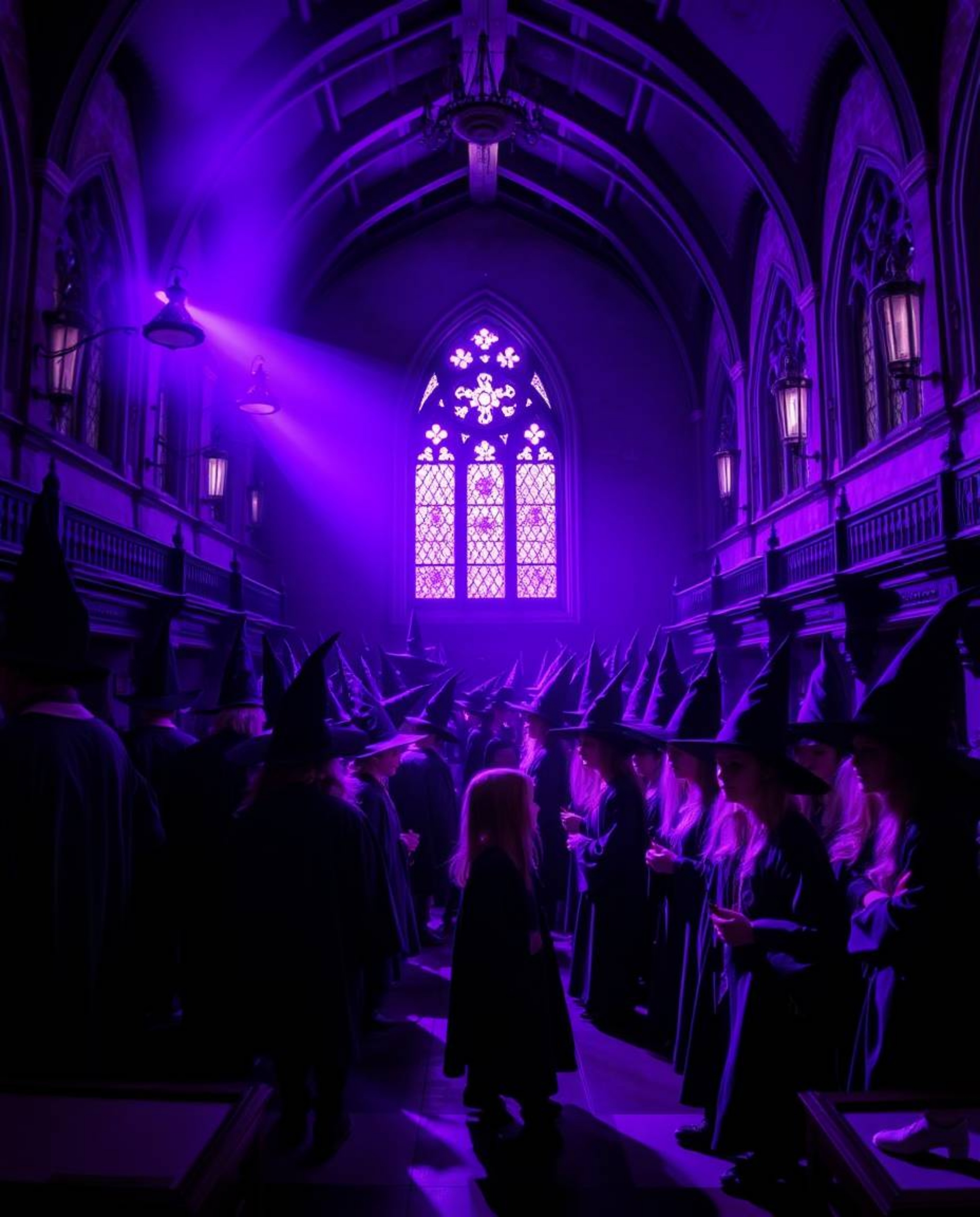 Explore a magical school brimming with young wizards, bathed in deep ultraviolet hues and intense dramatic lighting. This sce