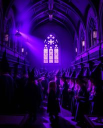 Explore a magical school brimming with young wizards, bathed in deep ultraviolet hues and intense dramatic lighting. This sce
