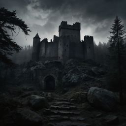 A captivating charcoal sketch depicts an ancient castle, its stone walls emerging from a dark and misty forest. This evocativ