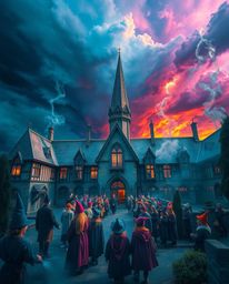 This artwork depicts a magical school bustling with young wizards, rendered in vibrant complementary colors under intense, dr