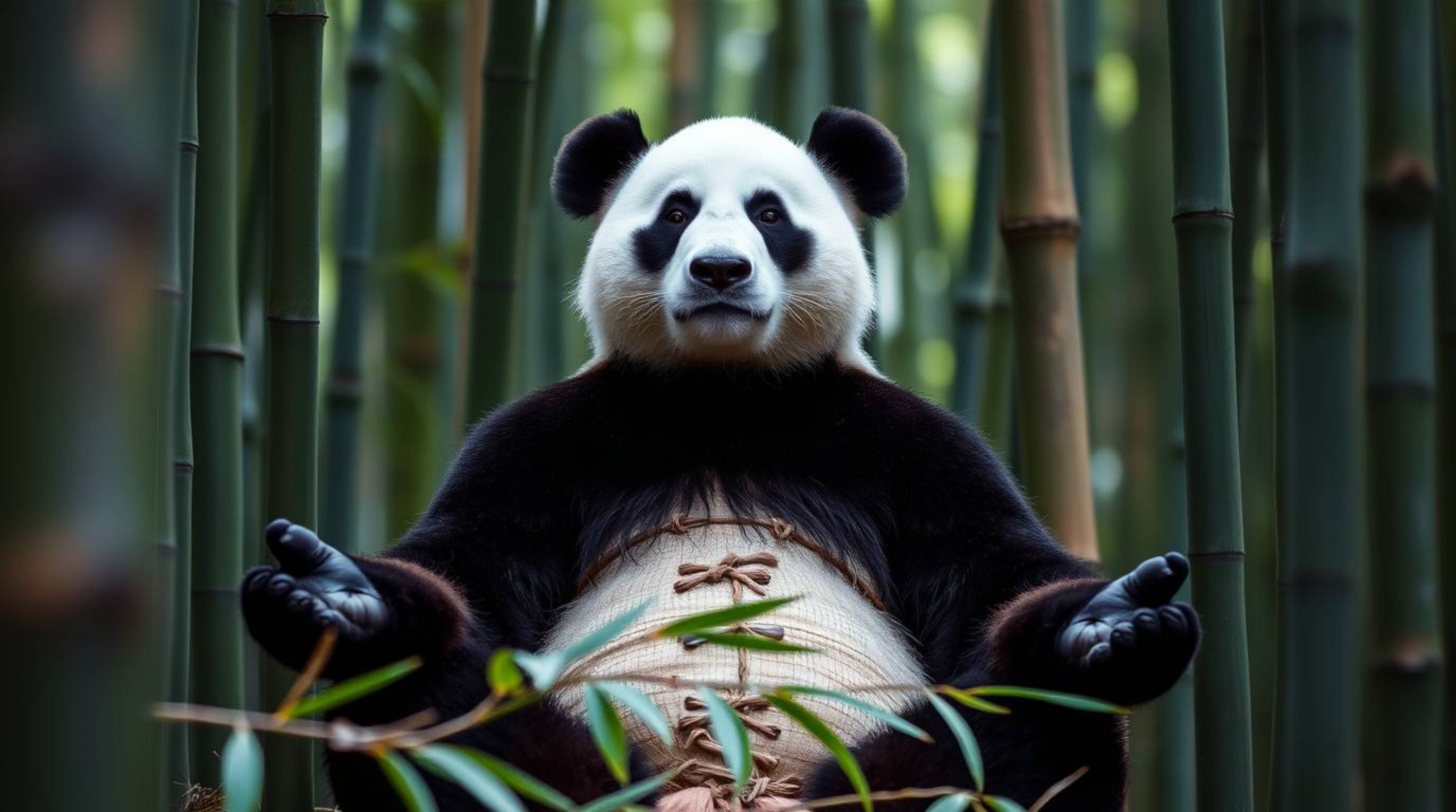 A stunning fine art photograph capturing a panda martial artist in deep meditation within a serene bamboo forest. The image f