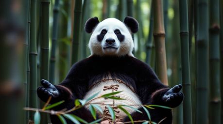 A stunning fine art photograph capturing a panda martial artist in deep meditation within a serene bamboo forest. The image f