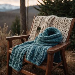 A charming scene featuring a hand-knitted scarf casually draped over a rustic wooden chair, accompanied by a pair of cozy mit