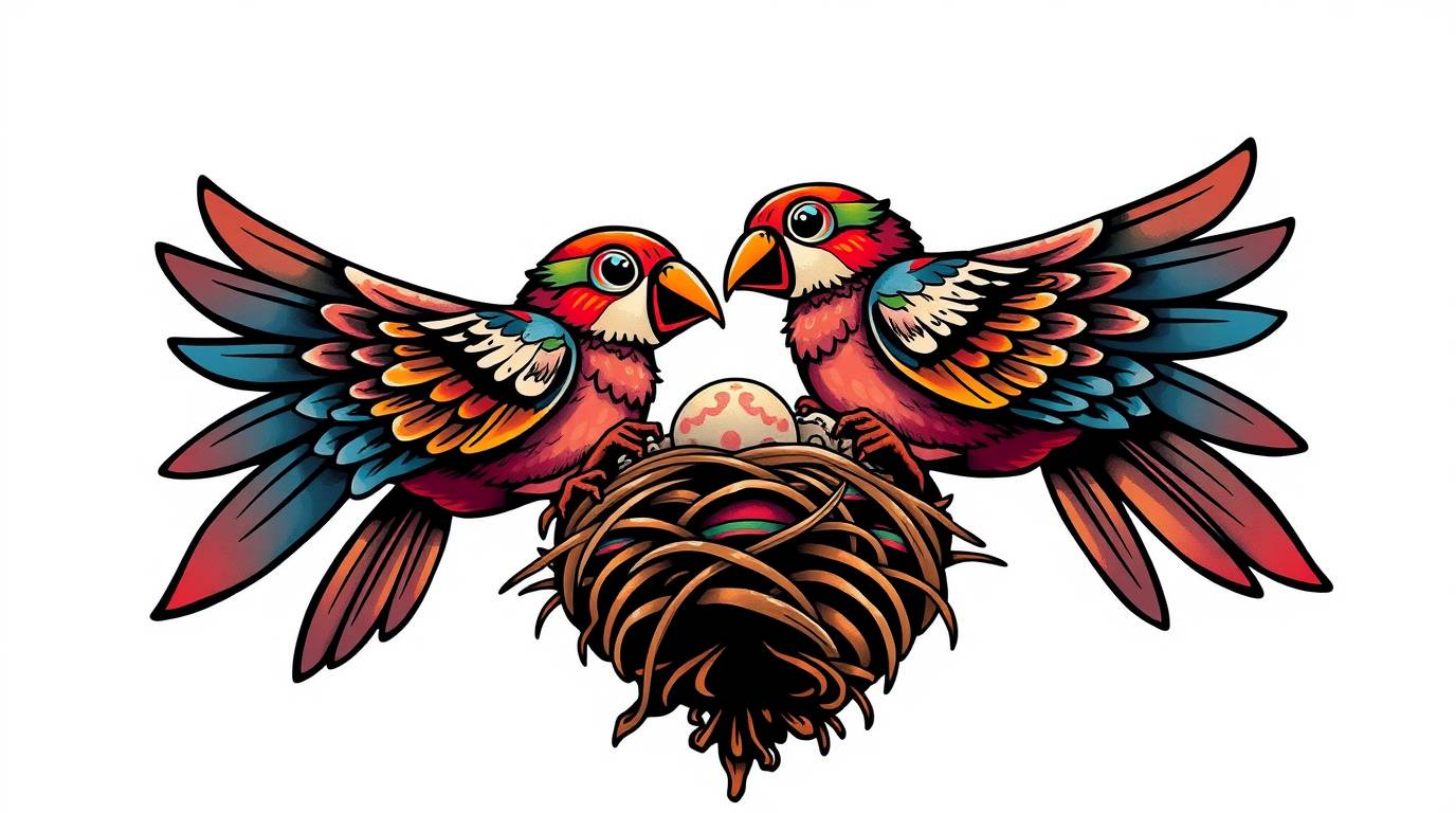 This low-angle perspective tattoo art print features two cartoon birds in a classic animation style, diligently building a ne