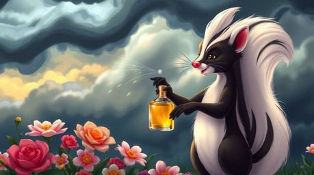A captivating portrayal of a cartoon skunk, exuding an air of elegance, delicately spraying perfume onto flowers beneath a dr