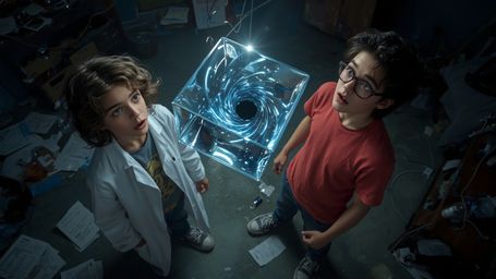 A cinematic, high-contrast photograph, reminiscent of Pixar's vibrant style, captures a dynamic science fair duo standing ami