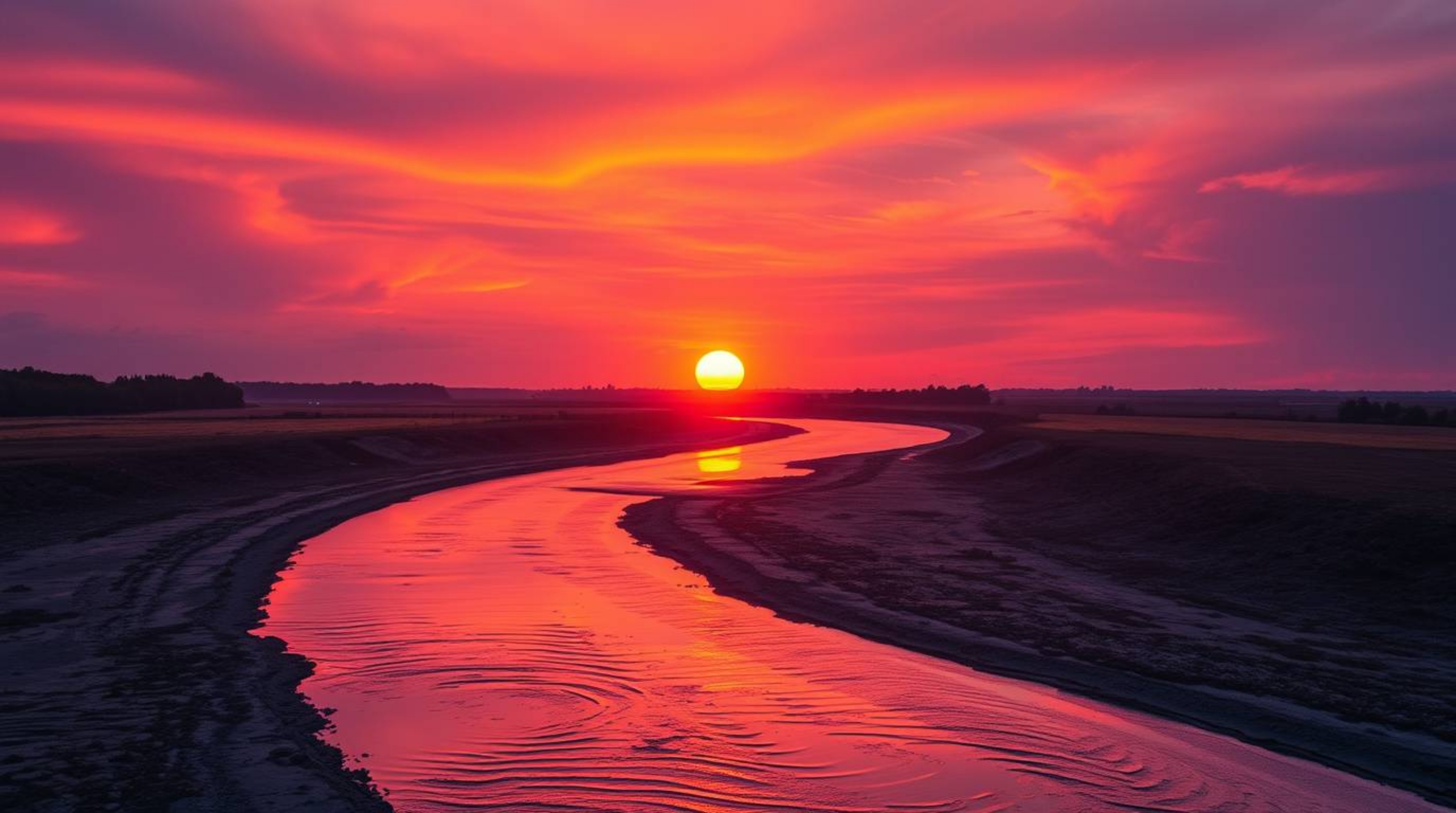 A breathtaking scene captures a winding river reflecting the dramatic orange-pink hues of the sunset sky, creating a vibrant 