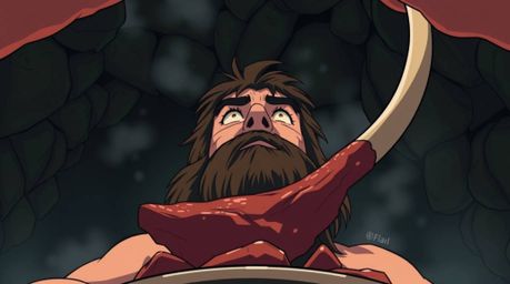 Experience a captivating scene in Isekai anime style, featuring a caveman expertly cooking mammoth meat. The low-angle perspe