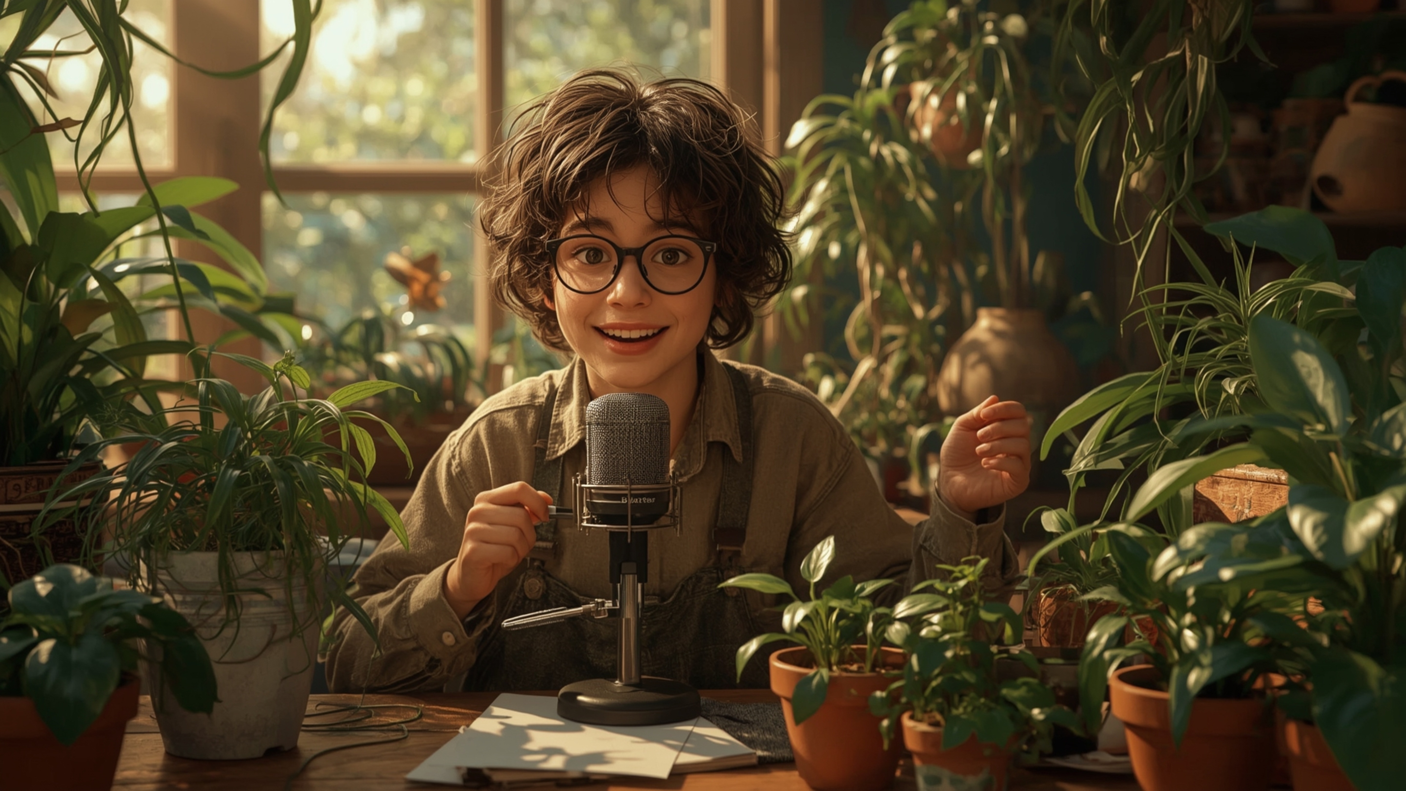 In a warmly lit, whimsical cinematic photograph, a bright-eyed, bespectacled young genius with curly brown hair enthusiastica