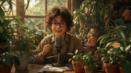In a warmly lit, whimsical cinematic photograph, a bright-eyed, bespectacled young genius with curly brown hair enthusiastica