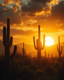 An epic scene captures a desert cactus glowing in the last rays of the sun, defined by intense, dramatic lighting and high co