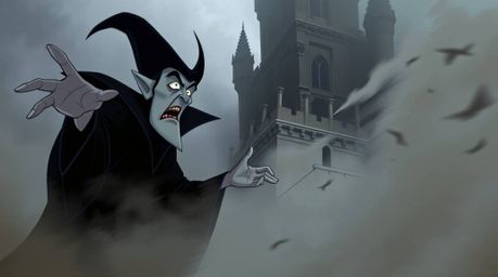 A classic Disney villain, with sharp features and pale skin, casts a spell within a crumbling old castle.  Rendered in a pain