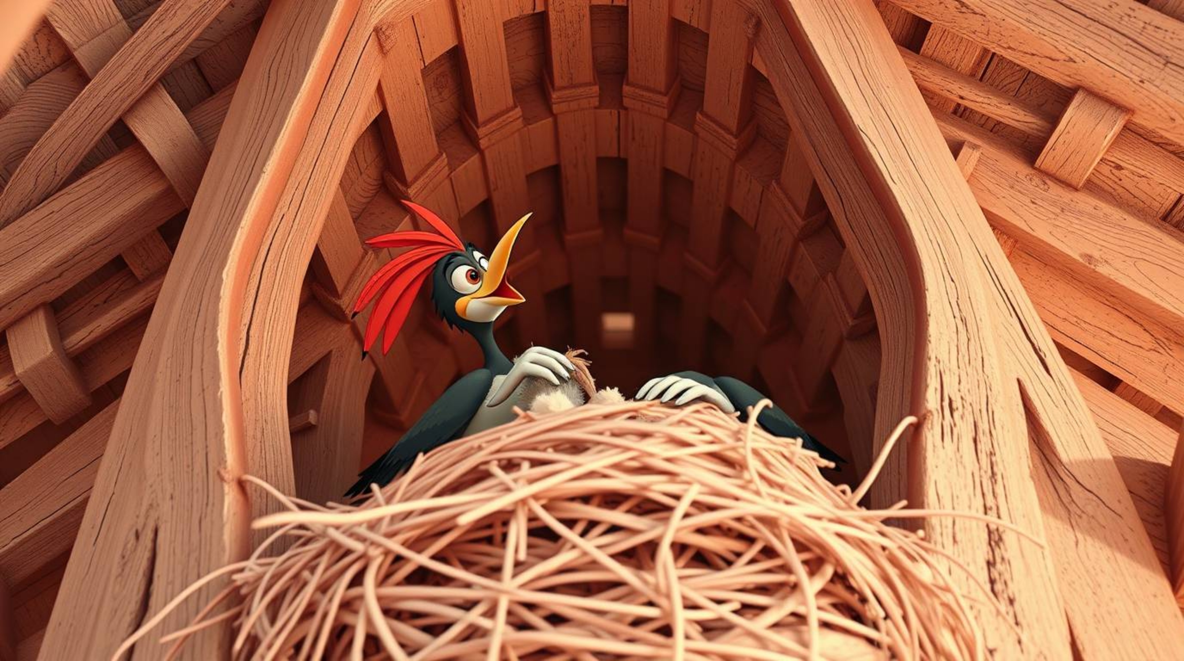 A precise architectural color photograph captures two cartoon birds meticulously constructing a nest.  Rendered in a classic 