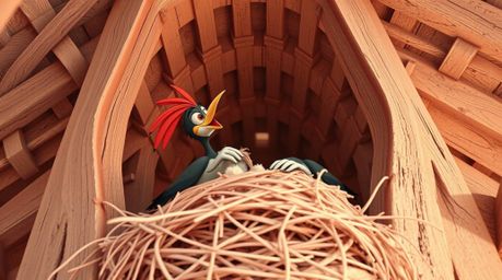 A precise architectural color photograph captures two cartoon birds meticulously constructing a nest.  Rendered in a classic 