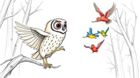 A captivating hand-drawn sketch, reminiscent of Pixar animation, depicts a blind owl with expressive eyes and soft fur.  This