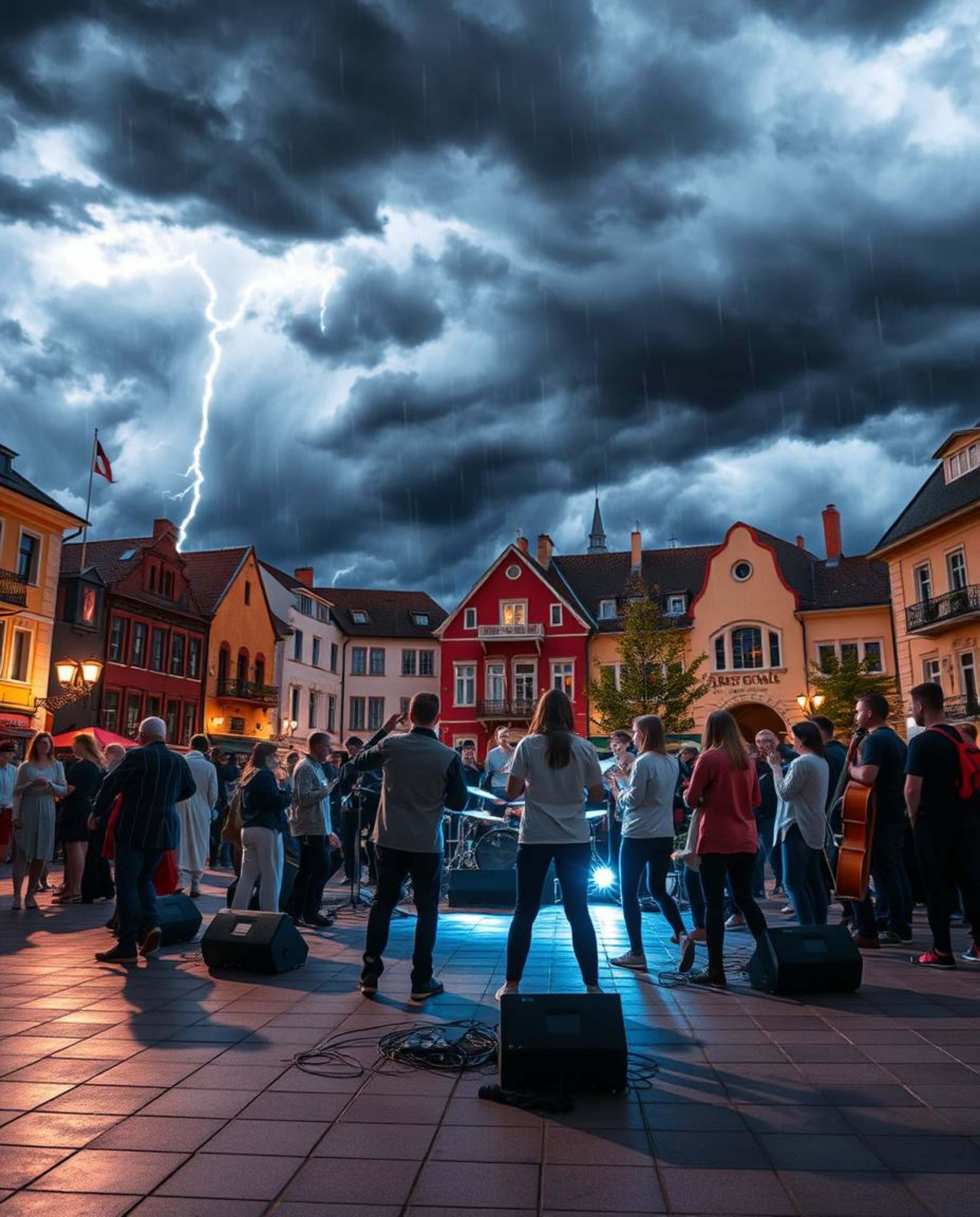 A captivating high-resolution stock photo showcases a dramatic musical performance in a vibrant town square.  The intense sto