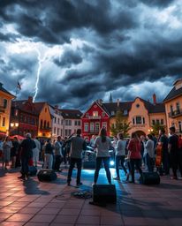 A captivating high-resolution stock photo showcases a dramatic musical performance in a vibrant town square. The intense sto