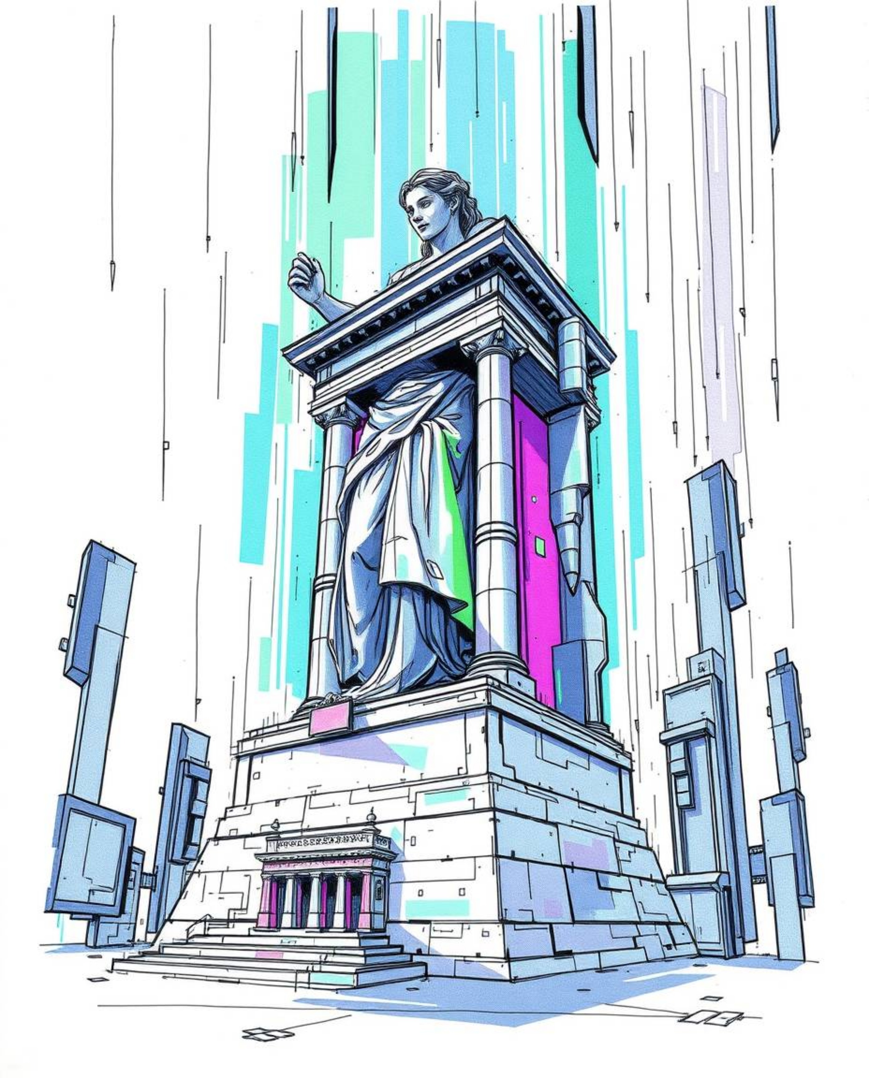 A captivating hand-drawn sketchnote showcases a majestic, futuristic scene.  A classical sculpture takes center stage, dramat
