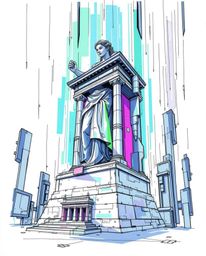 A captivating hand-drawn sketchnote showcases a majestic, futuristic scene.  A classical sculpture takes center stage, dramat