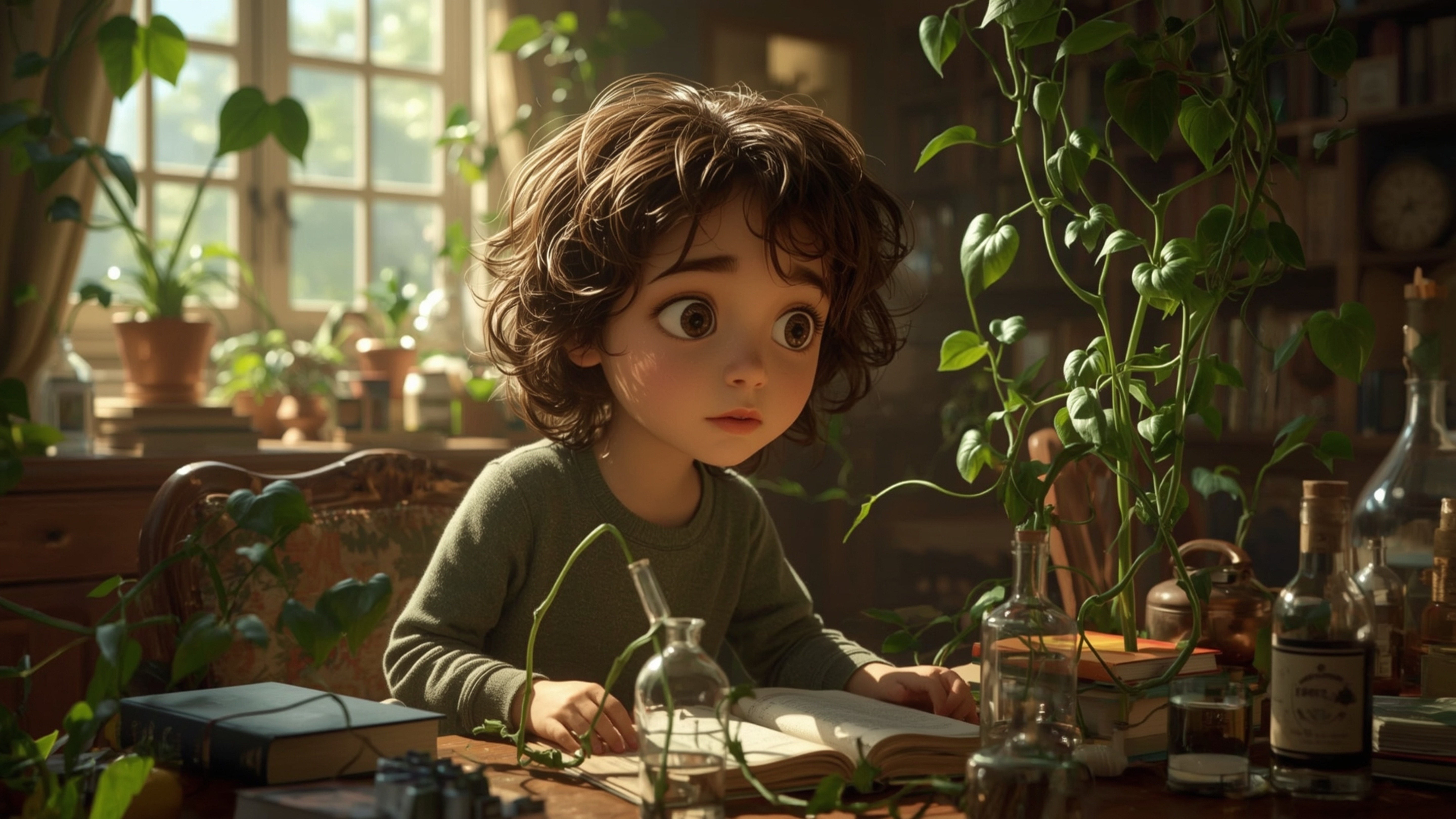 In a vibrant, cinematic photograph rendered in a hyper-realistic, Pixar-inspired style, a dynamic science fair duo unwittingl