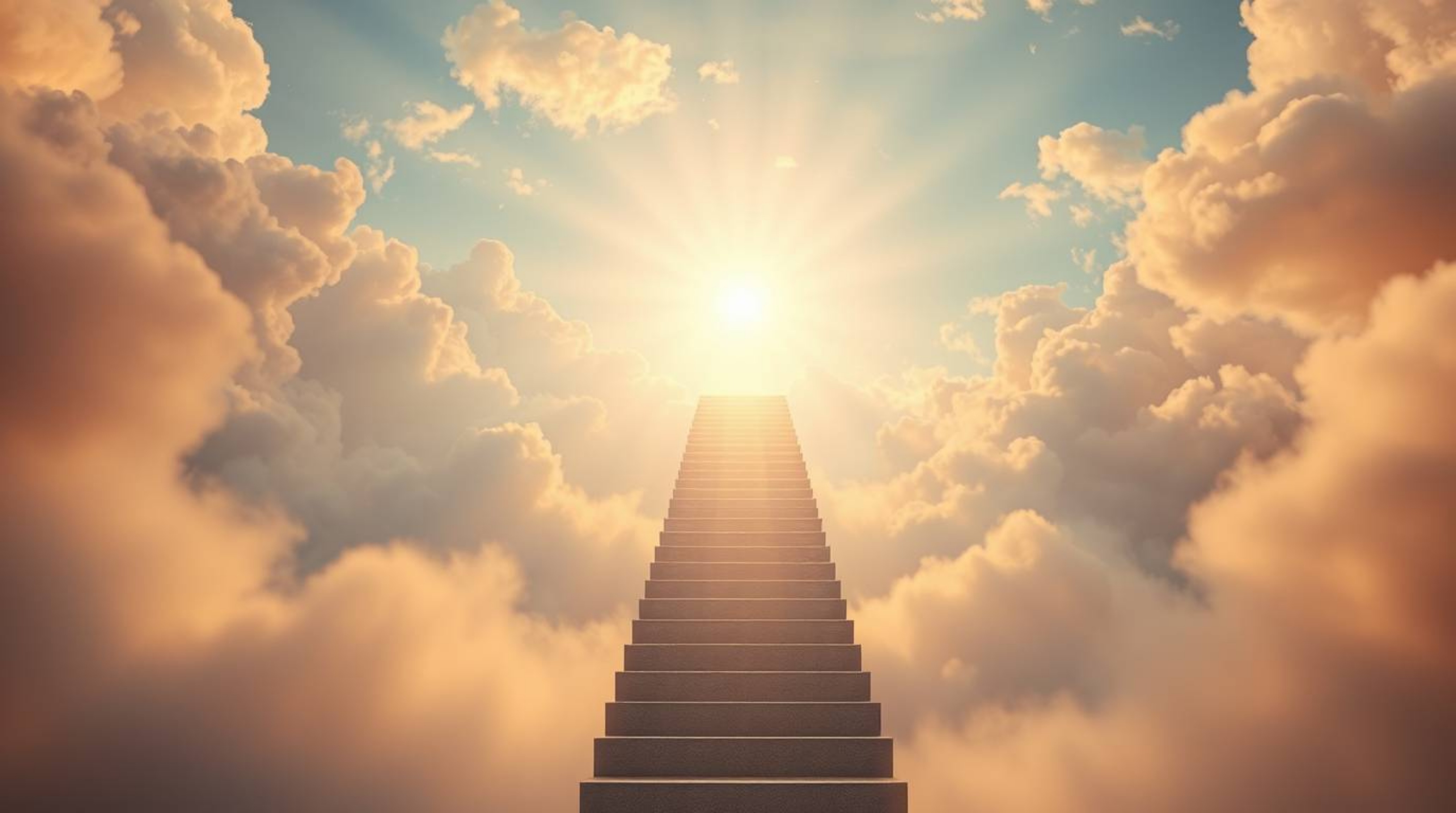A surreal stairway ascends through swirling smoky clouds towards a radiant celestial light, bathed in the soft, warm glow of 