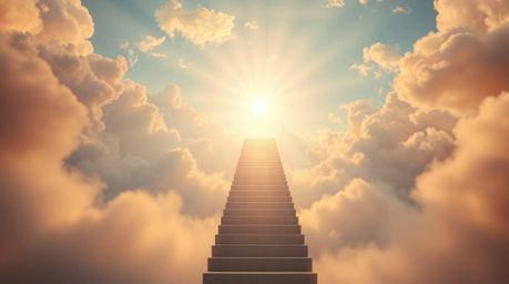 A surreal stairway ascends through swirling smoky clouds towards a radiant celestial light, bathed in the soft, warm glow of 