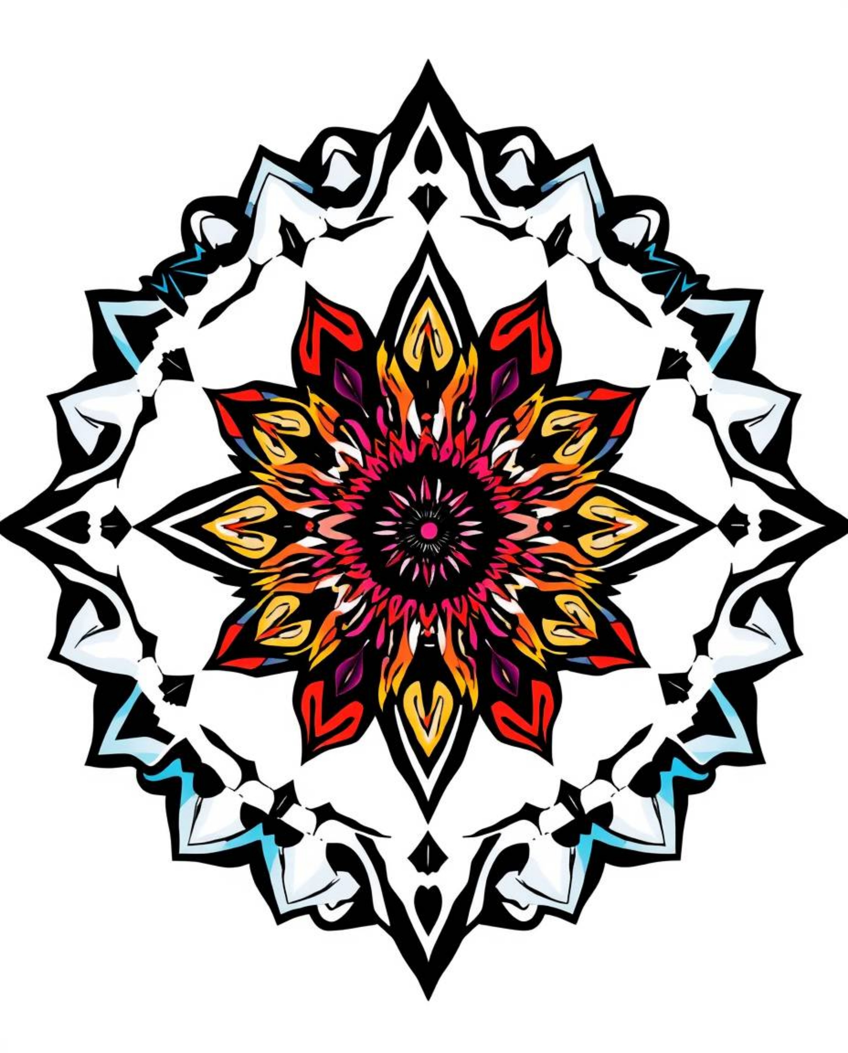 This vibrant, retro-style print showcases a striking black and white geometric optical illusion pattern. The complex and orna
