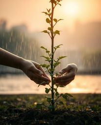 Immerse yourself in a soft, dreamy atmosphere with a wet rainy scene depicting hands planting a tree under a breathtaking gol
