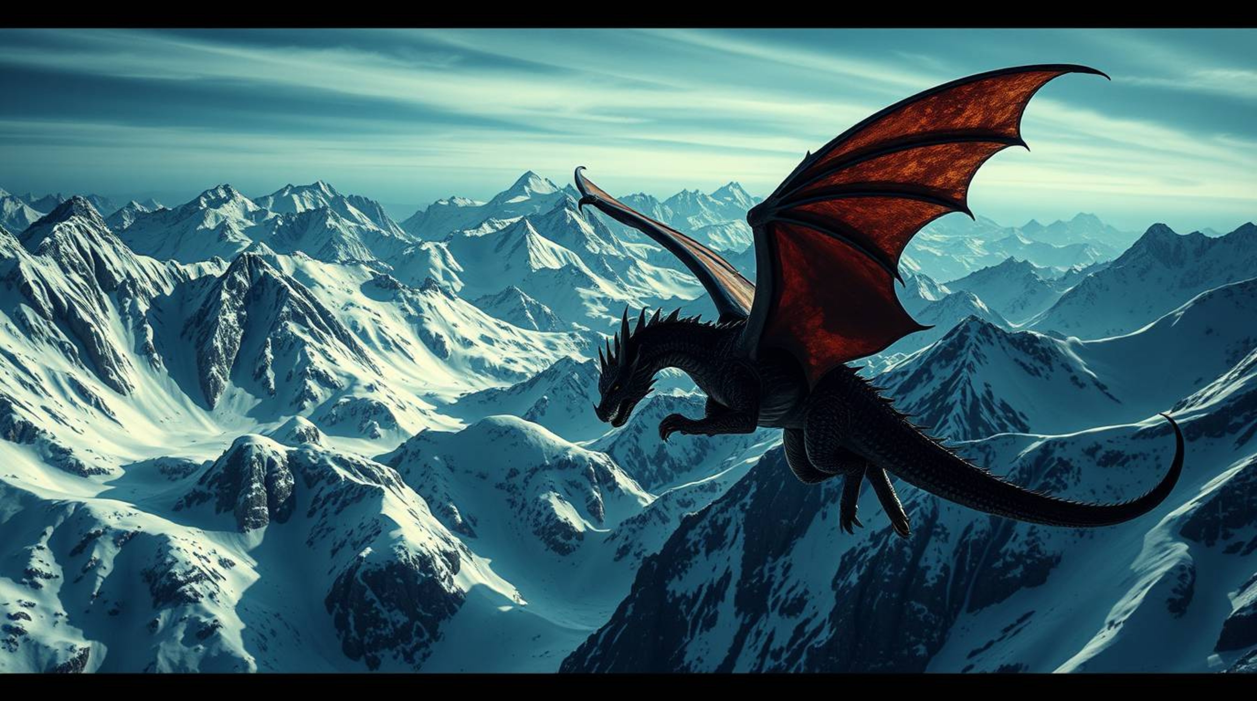 This architectural color photograph captures a dramatic scene of a dragon and rider soaring above icy mountains. The high-con