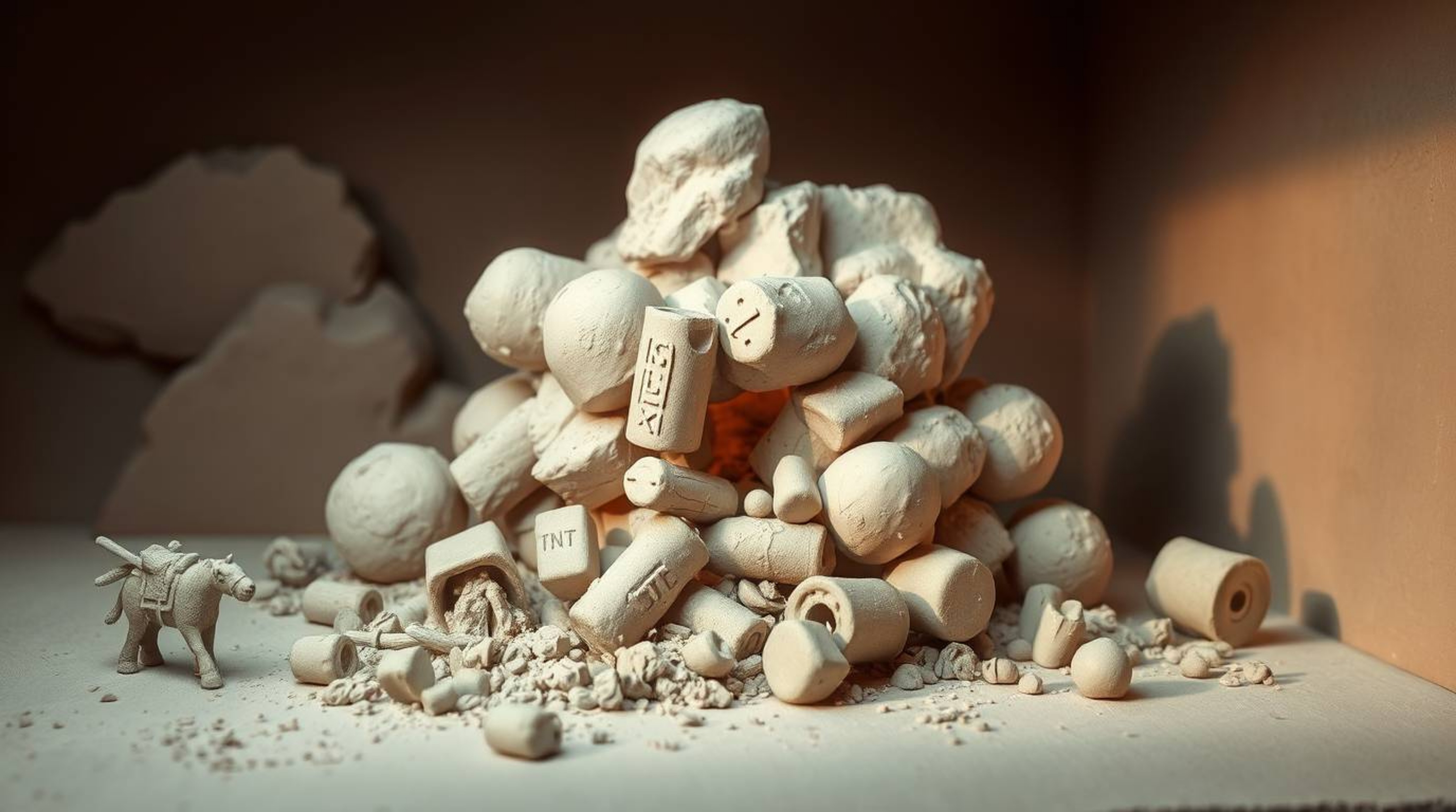 A captivating clay sculpture depicts a whimsical Wild West TNT explosion bathed in soft, diffused light.  The artwork feature