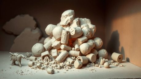 A captivating clay sculpture depicts a whimsical Wild West TNT explosion bathed in soft, diffused light.  The artwork feature