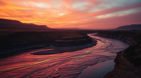 Immerse yourself in a dramatic cinematic landscape featuring a winding river glowing under a breathtaking orange-pink sky. Th