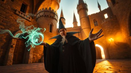 A captivating long exposure photograph depicts a classic Disney villain casting a spell within an ancient castle bathed in th