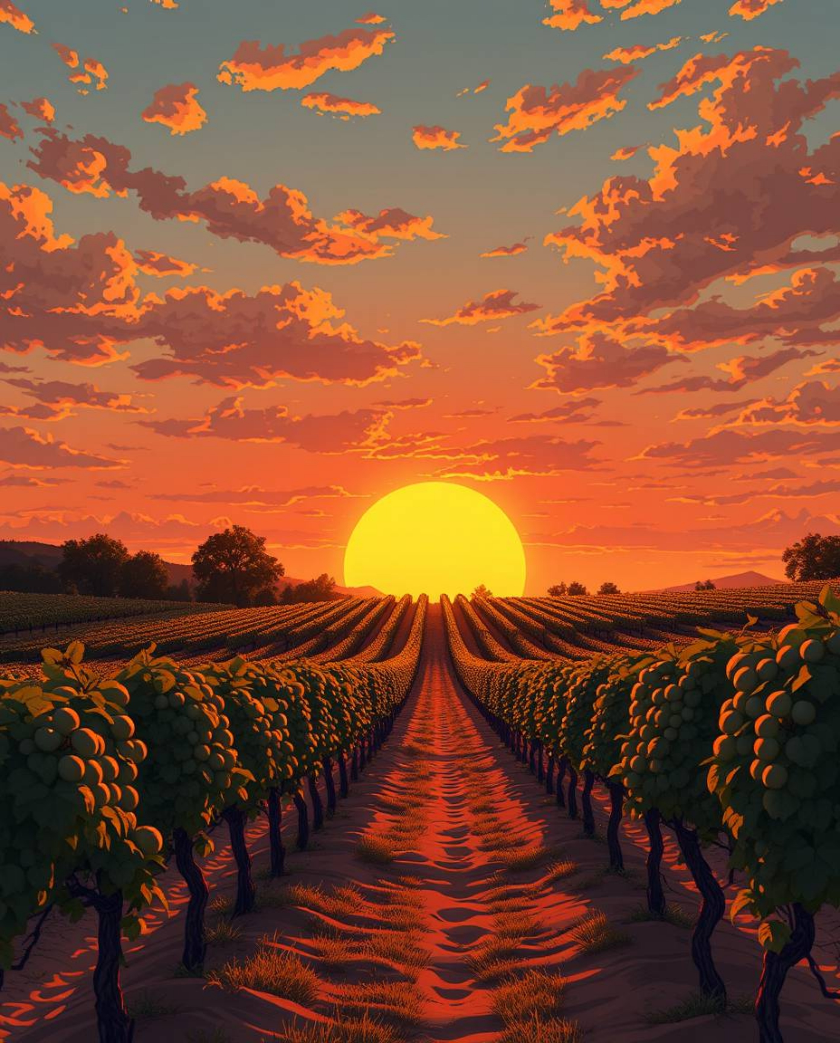Experience a tranquil sunset over a vineyard through the unique lens of Isekai anime style. This artwork features an expressi