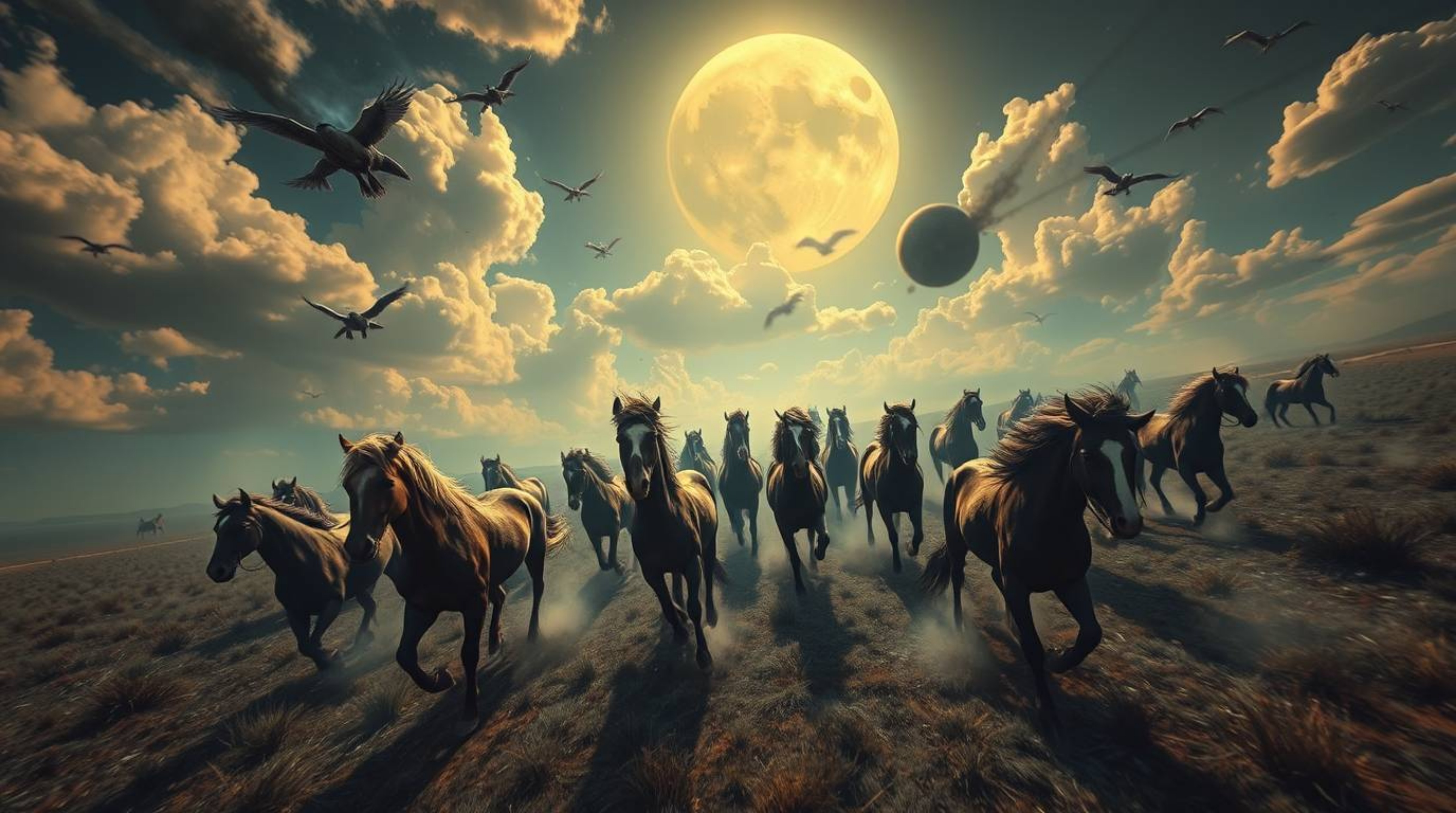 A breathtaking surreal bird's eye view captures a herd of wild horses galloping beneath a radiant, ethereal sky. The scene is