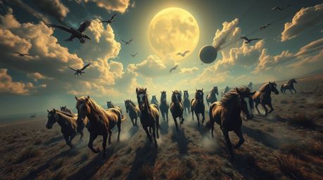 A breathtaking surreal bird's eye view captures a herd of wild horses galloping beneath a radiant, ethereal sky. The scene is