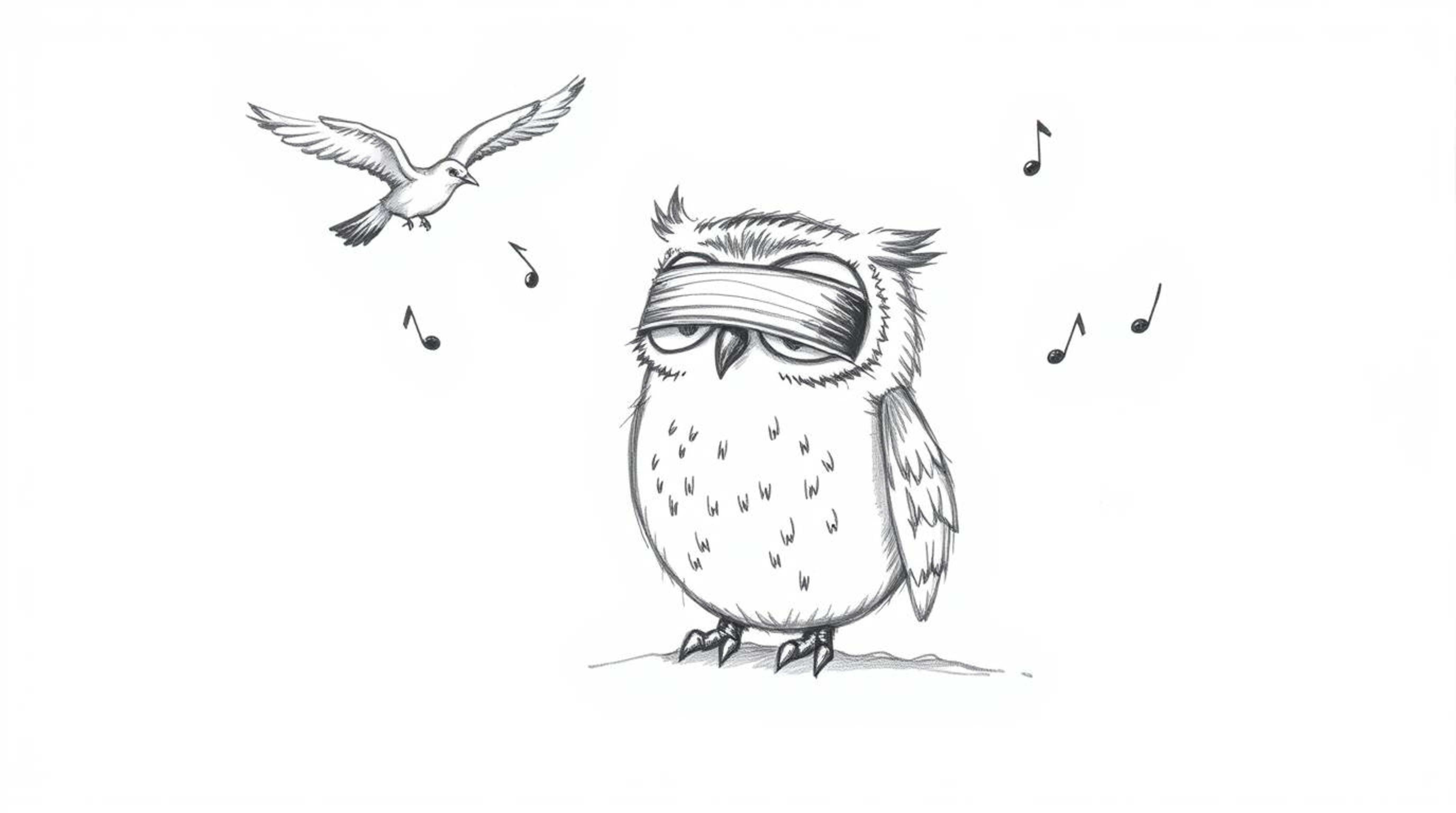 A charming hand-drawn sketch showcases a blind owl, rendered in a Pixar-esque style with gentle, rounded features, guiding bi